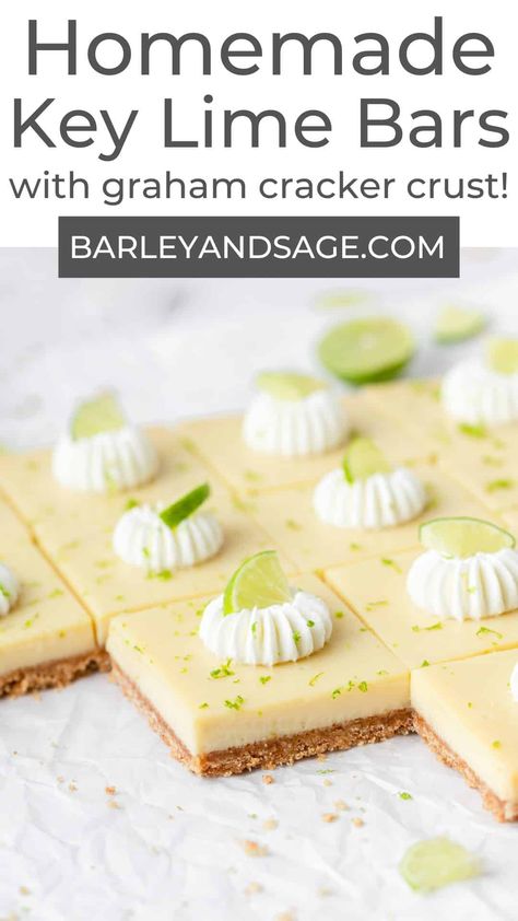 These key lime pie bars have a buttery graham cracker crust and a simple filling made with just egg yolks, sweetened condensed milk, key lime juice and zest. Topped with homemade whipped cream and key lime slices, it's a super refreshing summer treat! Key Lime Wedding Dessert, Sheet Pan Key Lime Pie, Key Lime Pie Bars 9x13, Key Lime Bars Recipe, Light Summer Recipes, Homemade Baklava, Key Lime Bars, Key Lime Filling, Summer Corn Chowder