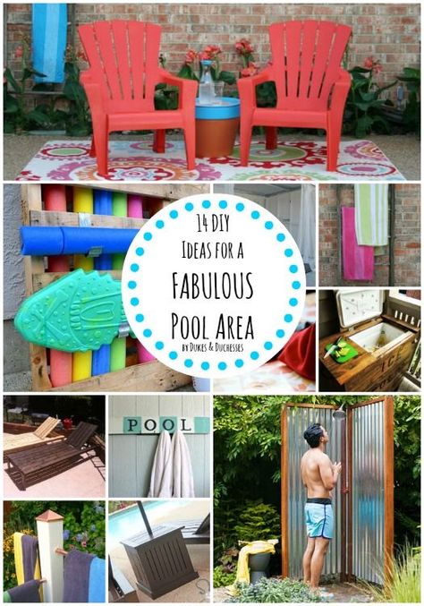 14 DIY ideas for a fabulous pool area Pool Organization, Pool Decorations, Pool Deck Decorations, Pool Storage, Living Pool, Pool Stuff, Pool Hacks, Pool Life, Pool Care