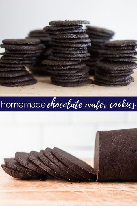 Homemade Chocolate Wafer Cookies: A perfect cookie to use in place of hard-to-find Nabisco Famous chocolate wafer cookies for chocolate cheesecake or pie crust, icebox cakes and cupcakes, sandwich cookies, and crumbling on ice cream! SO EASY!! #chocolatewafers #chocolatewafercookies #wafercookies #nabisco #iceboxcake Wafer Cookie Recipe, Nabisco Famous Chocolate Wafers, Photo Cookies, Icebox Cakes, Cookies Shortbread, Resepi Biskut, Chocolate Wafer, Chocolate Wafer Cookies, Dessert Cookies