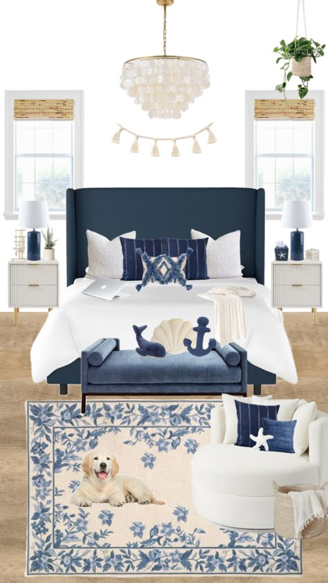 Blue And Wood Room Aesthetic, Navy Blue Themed Bedroom, Navy Bedroom Inspirations, Navy Blue Coastal Bedroom, Blue Ocean Room Aesthetic, Navy Blue Aesthetic Bedroom, Navy Blue Room Ideas Bedroom, Navy Blue Aesthetic Room, Blue Themed Bedroom Aesthetic