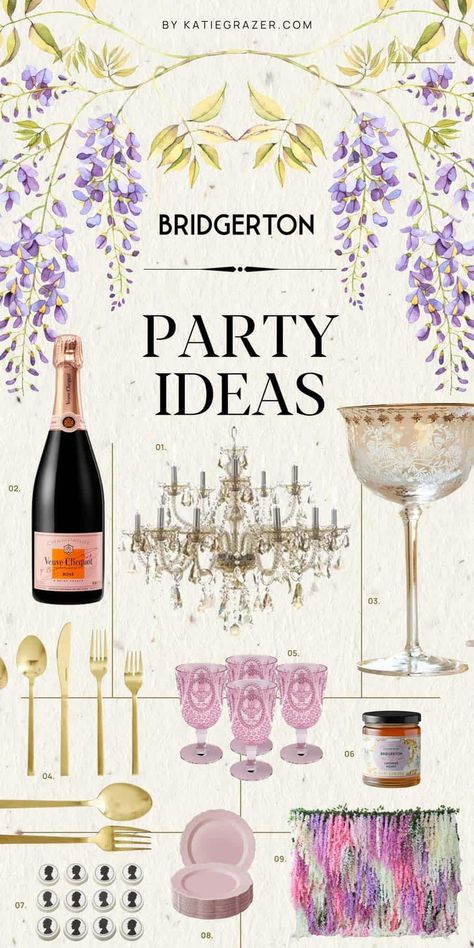 Discover how to host a Bridgerton-themed party with elegance and flair! This guide offers 29+ essentials, from regal invitations to decadent desserts and everything in between. Perfect your soirée with tips on choosing the right decor, dishes, and delightful drinks. Click to transform your gathering into the event of the season! Bridgerton party ideas, regency era decor, themed party essentials, Bridgerton theme party, Bridgerton decor, Bridgerton gift ideas Bridgerton Breakfast Aesthetic, Brigerton Watch Party Ideas, Bridgerton Theme Mocktails, Brigerton Theme Tea Party Food, Regency Bachelorette Party, Bridgerton Themed Party Favors, Bridgeton Aesthetic Party, Brigerton Party Decoration, Bridgestone Party Ideas