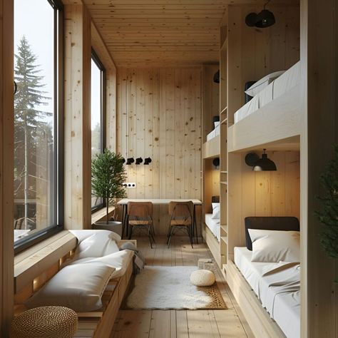 This Scandinavian-style dormitory room features natural wood and ample natural light from large windows. Four bunk beds with white linens create a clean, serene space. The room includes a cozy bench seating area by the windows and a functional study desk with two chairs. Designed with simplicity and functionality, this warm and inviting dorm room perfectly blends style and practicality. Tiny House Bunk Bed, Loft Bunk Room Ideas, Industrial Interior Design Living Room, Bed With Bench, Four Bunk Beds, Bunk Beds Small Room, Dormitory Room, Mini Apartments, House Bunk Bed