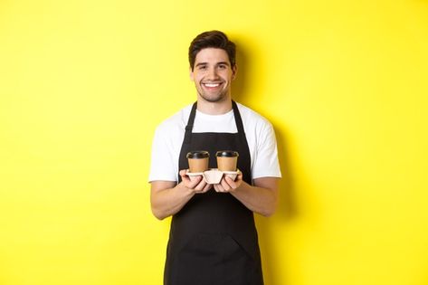 Handsome male barista serving takeaway c... | Free Photo #Freepik #freephoto #background #business #coffee #people Barista Aesthetic Boy, Male Barista Aesthetic, Barista Portrait, Male Barista, Barista Coffee Photography, Barista Outfits, Restaurant App, Black Apron, Free Money