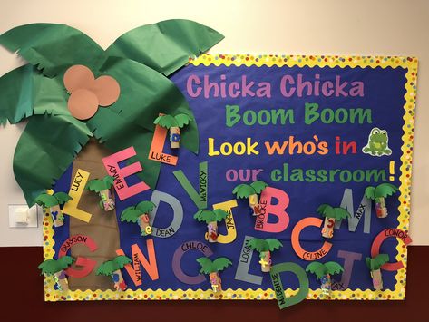 Preschool Name Bulletin Board, September Cubby Tags Preschool, August Themed Bulletin Boards, Beginning Of The School Year Preschool Bulletin Boards, First Month Of School Bulletin Boards, Preschool Bulletin Boards Back To School All About Me, Back To School Classroom Decorations Daycare, Chalk Bulletin Board Ideas, Beginning Of School Year Door Decoration