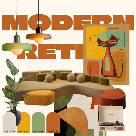 Mood board interior design Modern Moodboard, Sage Green House, Mustard Living Rooms, Green Web, Green Interior Design, Retro Interior Design, Retro Living Rooms, Yellow Interior, Golden Goddess