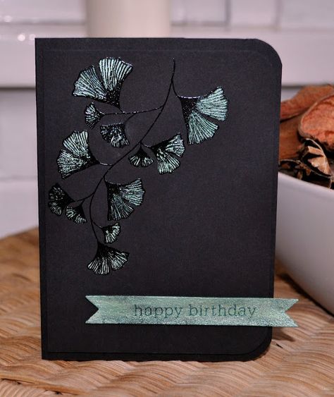 stunning black on black handmade card by Inky Fingers: Papertrey Ink birthday card ... luv the dramatic look of black cards ... black embossing with some pearlescent paint to highlight textures ... Paper Trey Ink ... Baby Birthday Card, Asian Cards, Elegant Gift Wrapping, Miss You Cards, Feather Crafts, Papertrey Ink, Get Well Cards, Handmade Birthday Cards, Cards For Friends