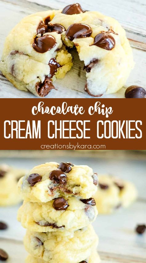 Chocolate Chip Cream Cheese Cookie Recipe - extra soft and moist, these chocolate chip cheesecake cookies are sure to be a hit! #creamcheesecookies #creamcheesechocolatechipcookies #creamcheesecookies #cookierecipe -from Creations by Kara Soft Batch Cream Cheese Chocolate Chip, Cream Cheese Chip Cookies, Cream Cheese Cookies Recipes Easy, Chocolate Chip Cream Cheese Cookies, What To Make With Cream Cheese, Chocolate Chip Cheesecake Cookies, Cream Cheese Cookies Recipes, Chocolate Chip Cheesecake Cookies Recipe, Chocolate Chip Cream Cheese