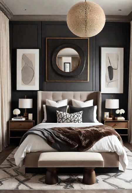 How to Decorate with Neutral Colors and Not Look Boring Home Aesthetic Black, Cozy Modern Bedroom Ideas, Black Wall Bedroom, Modern Bedroom Aesthetic, Black And Cream Bedroom, Old Money Home Decor, Cozy Modern Bedroom, Old Money Home, Cream And White Bedroom