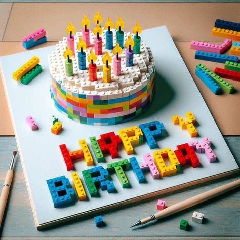 Lego Ice Cream Cake, Lego Brick Cake, Lego Birthday Cake For Boys, Lego Cake Design, Lego Cakes For Boys, Lego Happy Birthday, Lego Cake Ideas, Lego Candle, Lego Blocks Cake