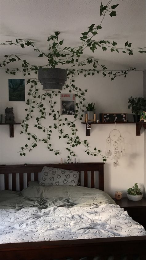 Room Vines Ideas Ceiling, Fake Vine Decor Bedroom Ideas, Vine On Ceiling, Vines On Roof Bedroom, Hanging Ivy Bedroom, Vines On Ceiling Bedroom, Ivy Room Decor, Vines On Wall, Hanging Plants Decor