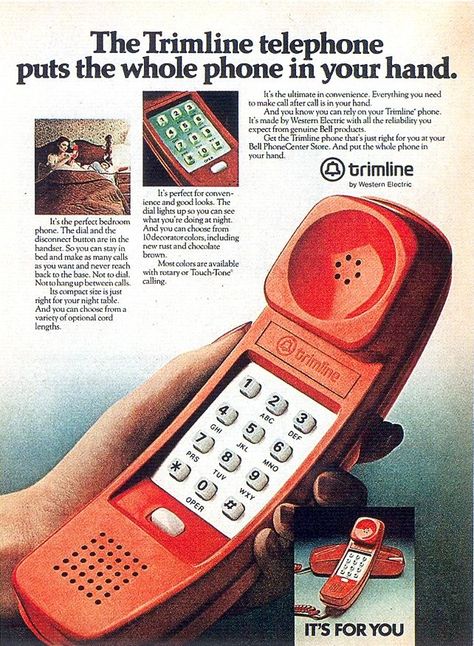 Trimline Push Button Telephone All the cool neighbors had these! We had an avacado green rotary :( Trimline Phone, 80s Phone, Rotary Phone, Vintage Phones, Old Advertisements, Vintage Telephone, Retro Advertising, Retro Ads, Old Phone