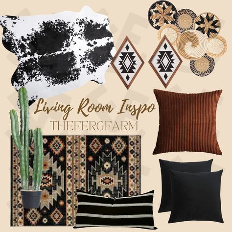 Western boho cowhide cow print basket wall cactus southwestern Aztec Boho Mountain Living Room, Western Chic Office Decor, Modern Western Living Room Decor, Dark Moody Western Bedroom, Black And Rust Western Bedroom, Boho Ranch House, Aztec Office Decor, Western Home Color Scheme, Boho Western Living Room Wall Decor