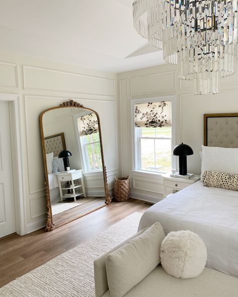 White Parisian Bedroom, Gold Mirror Bedroom, White Victorian Bedroom, Big Mirror In Bedroom, Modern Victorian Bedroom, French Provincial Bedroom, Modern White Bedroom, Parisian Bedroom, Victorian Bedroom