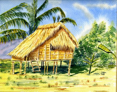 Watercolor - Philippines Nipa Hut Bahay Kubo, Background Cartoon, Bamboo House, Watercolor Paintings For Beginners, Digital Portrait Art, Anime Backgrounds Wallpapers, Digital Painting Tutorials, Environment Design, Big Adventure