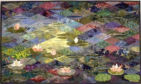 "Monet's Water Lilies" diamond quilt by Jan Krentz. A "watercolor" style quilt.. Quilting Landscapes, Monet Inspired, Watercolor Quilt, Bargello Quilts, Monet Water Lilies, Abstract Quilt, Landscape Quilt, Flower Quilts, Quilt Art