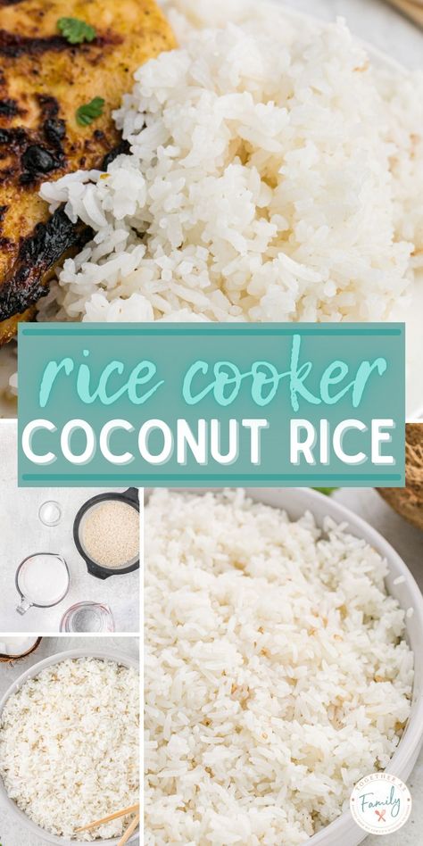 This Coconut Rice Recipe is so simple to make with only 5 ingredients. Coconut Rice is made in a rice cooker which makes it an easy dump & go side dish recipe! Learn how to make this sweet, fluffy, soft coconut rice with all my tips and detailed instructions. Coconut Jasmine Rice Rice Cooker, Coconut Rice Recipe Carribean, Jasmine Rice Cooker Recipes, Coconut Rice In Rice Cooker Recipe, Coconut Rice Rice Cooker, Rice Cooker Jasmine Rice, Meals With Coconut Rice, Thai Coconut Sticky Rice, Coconut White Rice