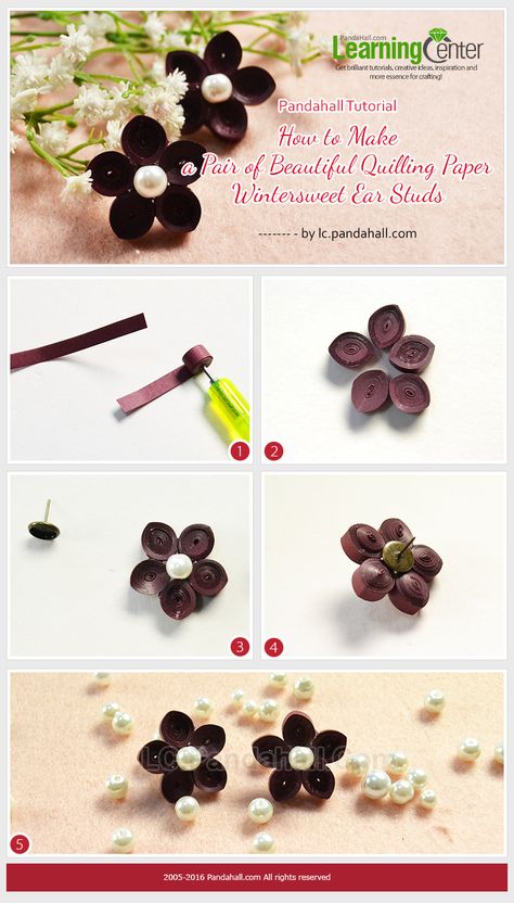 Pandahall Tutorial - How to Make a Pair of Beautiful Quilling Paper Wintersweet Ear Studs #tutorial #earstuds #pandahall Quilling Accessories, Quilling Studs, Diy Jewelry Videos, Quilling Design, Xmas Jewelry, Paper Quilling Earrings, Princess Crafts, Quilled Earrings, Paper Quilling For Beginners