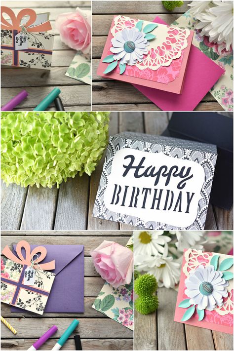 Make these beautiful cards with Cricut's new Anna Griffin patterned cardstock. Cricut Cards Ideas Cardmaking, Cricut Cards Ideas, Present Card, Cardstock Cards, Cardstock Crafts, Love Birthday Cards, Paper Daisy, Homemade With Love, Love Birthday