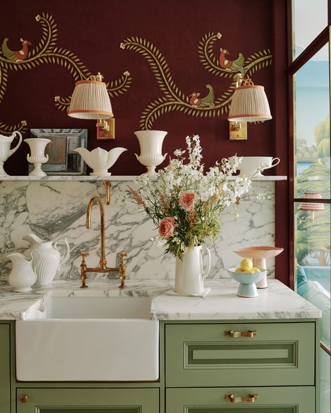 Dressed to Impress - If you've never considered incorporating wallpaper into your kitchen, then perhaps this exquisitely embellished design from @degournay might change your mind. Taking inspiration from the opera Boris Godunov, this hand-embroidered wallcovering features birds perched in fruiting pomegranate trees and pairs perfectly with the sage green cabinets. . See more unexpected kitchen wall decor ideas at the link in bio. . #homesandgardens #kitchen #flowers #wallpaper Sage Green Cabinets, Kitchen Flowers, Kitchen Wall Decor Ideas, Dressed To Impress, Green Cabinets, Wall Decor Ideas, Flowers Wallpaper, Bird Perch, The Opera