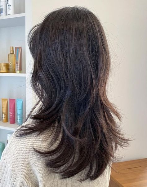 Layered Haircuts For Shoulder Length Hair, Lot Of Layers Haircut Medium, Medium Hair With Lots Of Layers, Heavy Layered Medium Hair, Hush Cut Thick Hair, 3 Layer Haircut, Choppy Long Hair, Choppy Layers With Bangs, Chest Length Hair With Layers