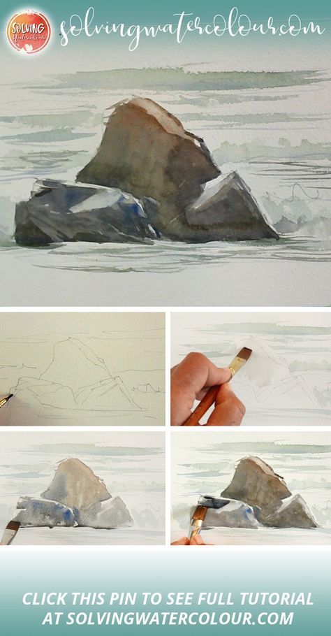 How To Paint A Rock On Canvas, Watercolour Rocks Painting, Painting Rocks In Watercolor, Rocks In Water Painting, Watercolor Rock Painting, How To Draw Rocks Step By Step, Watercolor Rocks And Water, How To Paint Rocks On Canvas, Watercolor Rocks Tutorials