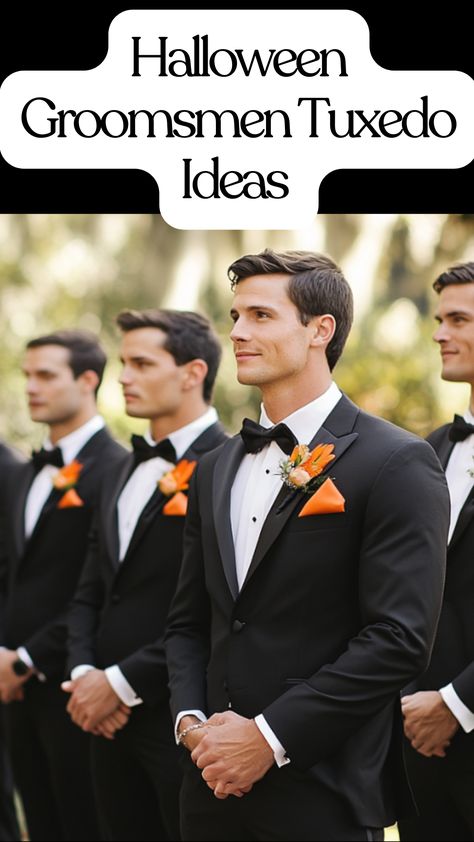 Groomsmen dressed in black tuxedos with orange accents, perfect for a Halloween wedding theme. All Black Groomsmen Attire, Groomsmen Attire Ideas, Tuxedo Ideas, Groomsmen Tuxedos, Dark Suit, Halloween Style, Bold Accessories, Orange Accents, Groomsmen Attire