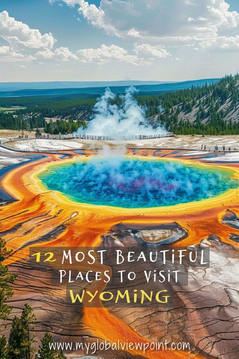 Photo of an iconic view in Yellowstone with text overlay showing "beautiful places in Wyoming" Wyoming In Winter, Wyoming Honeymoon, Wyoming Aesthetic, Kemmerer Wyoming, Riverton Wyoming, Wyoming Hiking, Wyoming Vacation, Jackson Hole Wy, Amazing Places To Visit