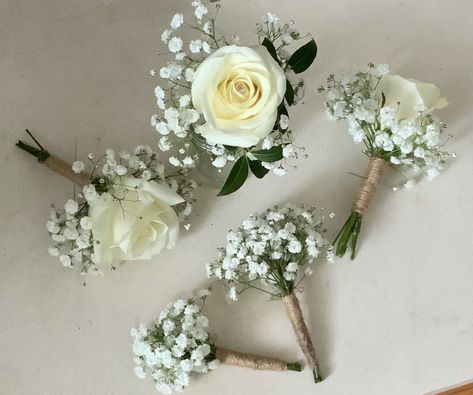 White Rose And Gypsophila Buttonhole, Gypsophila And Greenery Wedding, Bridal Bouquet Gypsophila White Roses, Buttonholes Wedding White, White Buttonholes Wedding, White Rose And Baby’s Breath Boutonniere, Gypsophila Button Hole, White Rose And Gypsophila Bouquet, White Rose Buttonhole