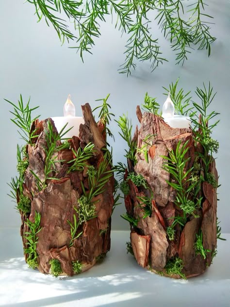 set of tropical candle holders Fairy Moss, Tree Bark Crafts, Tropical Candles, Nordic Wedding, Moss Decor, Electronic Candles, Lantern Ideas, Viking Wedding, Hippie Homes