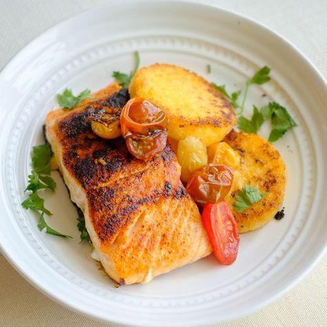 Salmon And Polenta, Fish And Polenta, Salmon With Polenta, Salmon Polenta, Salmon And Polenta Recipe, Rockfish Recipes, Salmon Recipe Pan, Crispy Polenta, Easy Salmon Recipe