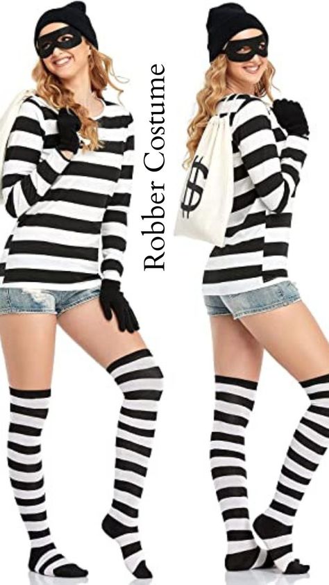 Jailbird Costume, Robber Costume, 80s Theme, 1 Dollar, Dollar Sign, Eye Patch, Black Gloves, Long Socks, Striped T Shirt