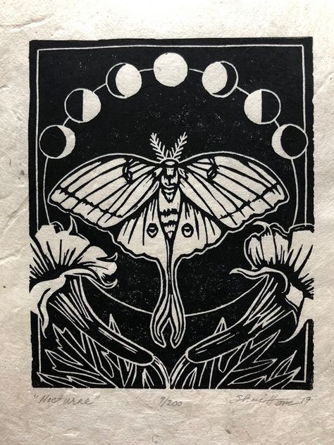 Moth Art Print, Moth Print, Lunar Moon, Linocut Printmaking, Flower Drawing Tutorials, Lino Art, Moth Art, Moon Moon, Linocut Art