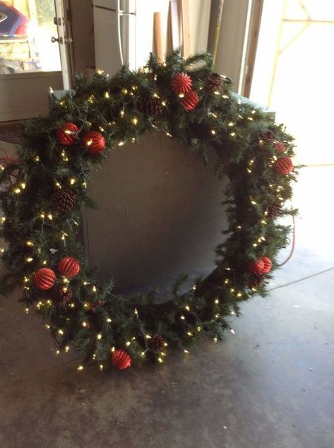 A Giant Christmas Wreath | Hometalk Christmas Garland On Gates, Large Outdoor Wreath Christmas, Oversized Wreath Christmas, Giant Christmas Wreaths, How To Decorate A Large Christmas Wreath, Diy Giant Outdoor Christmas Wreath, Diy Big Wreath Christmas, Garage Wreath Christmas, Large Outdoor Christmas Wreaths On House