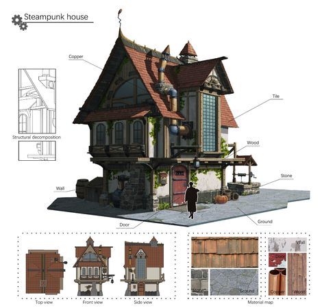 ArtStation - Steampunk house, Clay .W Steampunk Building, Disneysea Tokyo, Steampunk City, City Ideas, Steampunk House, Building Sketch, Medieval Houses, Building Concept, Minecraft House Designs