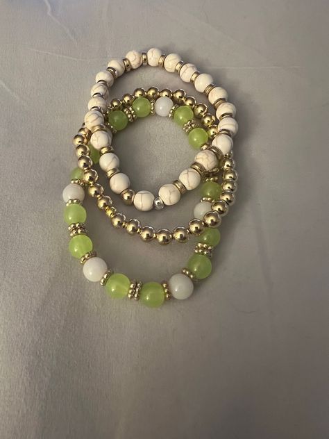 Light Lime Green, White Bracelet, Stacking Bracelets, White Bracelets, Gold Cream, Pretty Lights, Stretchy Bracelets, Colorful Bracelets, Cream And Gold