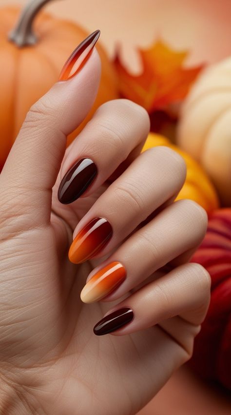 Brown Orange Ombre Nails, Fall Nail Designs Ombre, Ombre Fall Nails Acrylic, Brown And Orange Nails Fall, Autumn Ombre Nails, Fall Ombre Nails, January Nail Ideas, Nails Pumpkin, Nails Acrylic Ideas