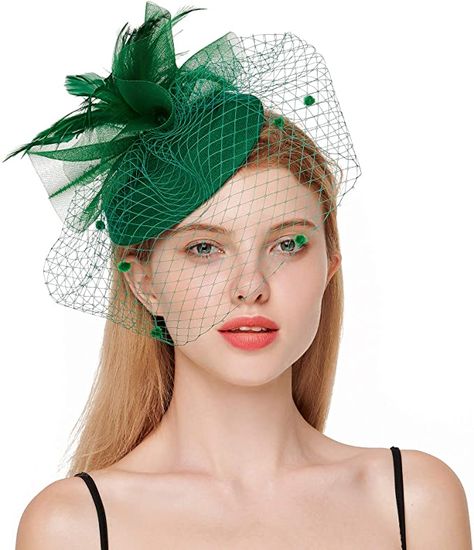 Pillbox Hat With Veil, Hat With Veil, Hair Clip Wedding, Green Fascinator, Nylon Flowers, Black Fascinator, Fascinator Hairstyles, Hat Hair, Bridal Shower Tea