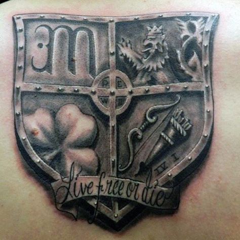 Top 43 Family Shield Tattoo Ideas [2020 Inspiration Guide] Family Crest Tattoo, Crest Tattoo, Family Tattoos For Men, Shield Tattoo, Bow Tattoo Designs, Tattoo On Back, Family Shield, Cool Chest Tattoos, Bow Tattoo