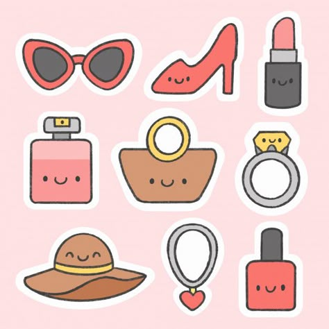 Woman accessories sticker hand drawn cartoon collection | Premium Vector #Freepik #vector #logo #icon #hand #woman Premium Vector Sticker, Accessories Drawing, Cartoon Accessories, Homemade Stickers, Drawing Accessories, Cute Food Drawings, Woman Accessories, Scrapbook Stickers Printable, Cute Doodles Drawings