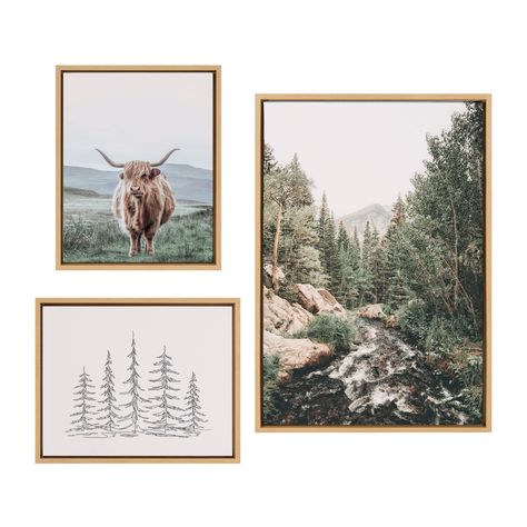 SYLVIE FRAMED CANVAS BY VARIOUS ARTISTS | Kate and Laurel Sylvie Meet Here, Highland Cow Mountain and Evergreen Trees Framed Canvas Wall Art by Various Artists, 3 Piece Tree Sketches, Evergreen Trees, Neutral Wall Art, Canvas Wall Art Set, Framed Canvas Wall Art, Various Artists, Highland Cow, My New Room, Canvas Set