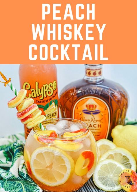 Make a fantastic Crown Royal Peach Whiskey cocktail that must be served in a Fish Bowl, complete with peach rings, to get the full experience! OurCraftyCocktails.com #ourcraftycocktails #crownroyalpeachwhiskey #peachwhiskeyfishbowl Fish Bowl Ideas Drinks, Fish Bowl Alcohol Drink, Fish Bowl Recipe Alcoholic, Brown Drinks Alcohol, Drinks With Peach Crown Royal, Fish Bowl Drink Ideas, Fishbowl Drink Recipe, Bucket Cocktails, Peach Whiskey Drink