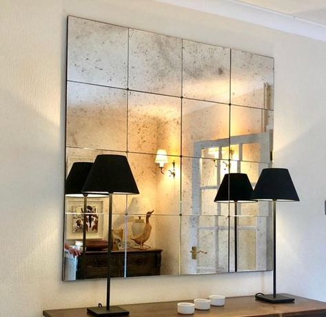 Wall Ideas For Bathroom, Mirror Wall Decor Entrance, Wall Mirrors Decor Ideas, Antiqued Mirror Wall, Wall Mirror Ideas Living Room, Living Room Wall Mirrors, Mirror Panel Wall, Mirror Wall Panel, Neoclassic Interior