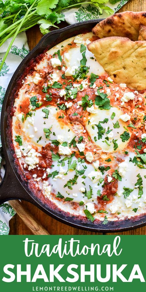 The BEST Shakshuka! This easy breakfast dish features poached eggs in a rich, flavorful tomato sauce. It's delicious all on its own or topped with crumbled feta, fresh cilantro, or any of your favorite garnishes! How To Make Shakshuka, Easy Breakfast Dishes, Greek Quinoa Salad, Parmesan Roasted Potatoes, Savory Bites, Over Easy Eggs, Cilantro Lime Rice, Whipped Feta, Breakfast Potatoes