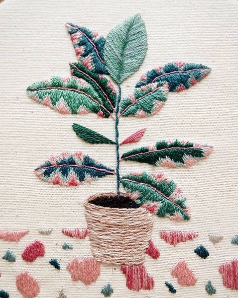 Close-up of the stitches that @slow_evenings_embroidery did to hand embroider this pink and green potted rubber plant using DMC floss. Ruby Rubber Plant, String Crafts, Textiles Projects, Rubber Plant, Hand Embroidery Patterns Flowers, Pink Plant, Contemporary Embroidery, Hand Embroidery Projects, Thread Painting