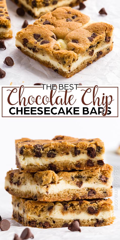 These amazing bar cookies have a classic chocolate chip cookie dough crust with a light and fluffy cheesecake center topped with another chocolate chip cookie dough layer. #kippiathome Something Light To Eat, Cheesecake Bars Oreo, Desserts With A Cookie Crust, Chocolate Chip Cookie Dough Cheesecake Bars, Pillsbury Chocolate Chip Cheesecake Bars, Christmas Cookies Cheesecake, Cheesecake Christmas Cookies, Deserts For Christmas Easy, Cookie Bottom Cheesecake