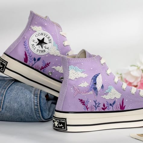 Hand Embroidered Converse, Embroidered Clouds, Embroidered Converse High Tops, Custom Trainers, Clouds And Flowers, Ocean Embroidery, Disney Converse, Custom Converse Shoes, Embroidery Sneakers