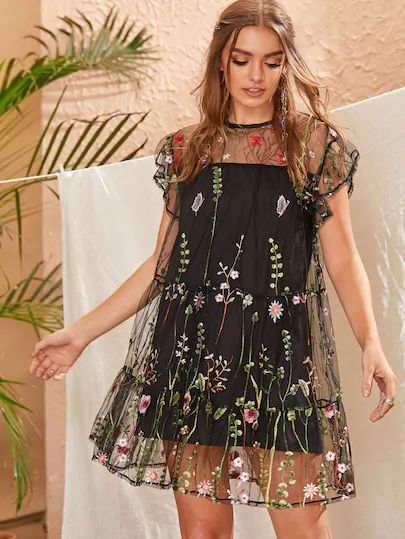 Mesh Overlay Dress, Diy Vetement, Keyhole Dress, Mesh Overlay, Ruffle Hem Dress, Vestido Casual, Boho Wedding Dress, Boho Floral, Mesh Dress