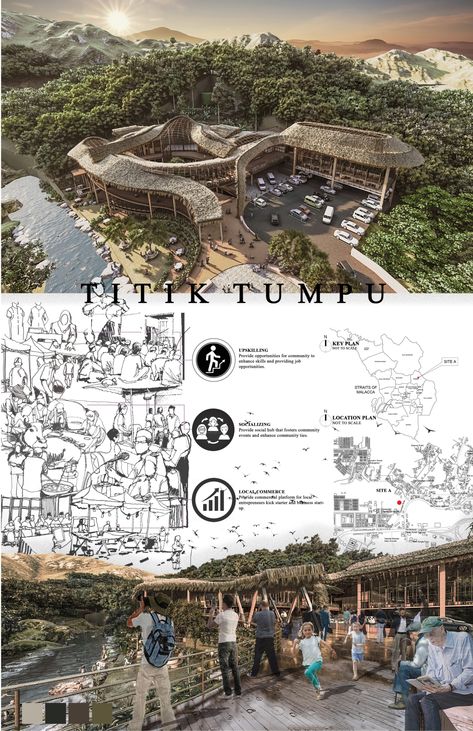 Bamboo School Architecture, Community Center Architecture Concept, Community Design Architecture, Community Center Plan, Community Center Architecture, Community Center Design, Architecture Design Presentation, Presentation Board Design, Concept Models Architecture