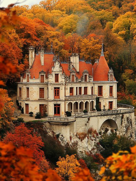 This stunning image showcases a picturesque castle set against a backdrop of brilliant autumn foliage. The ornate architecture features elegant turrets and a warm orange roof, harmonizing beautifully with the vibrant reds, oranges, and yellows of the surrounding trees. The scene evokes a sense of fairy-tale charm and tranquility, capturing the essence of autumn in a serene landscape..  #autumn, #castle, #fall foliage, #landscape, #architecture, #fairy-tale Castle In Autumn, Fall Mansion, Autumn Castle, Ornate Architecture, Orange Roof, Autumn Court, Landscape Autumn, Serene Landscape, Autumn Foliage