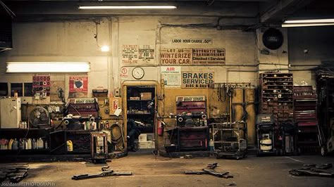 Auto shop Auto Shop Aesthetic, Mechanic Shop Aesthetic, Blue Collar Aesthetic, Mechanic Aesthetic, Mechanics Aesthetic, Car Shed, Downtown Nyc, Mechanic Shop, Auto Body Shop